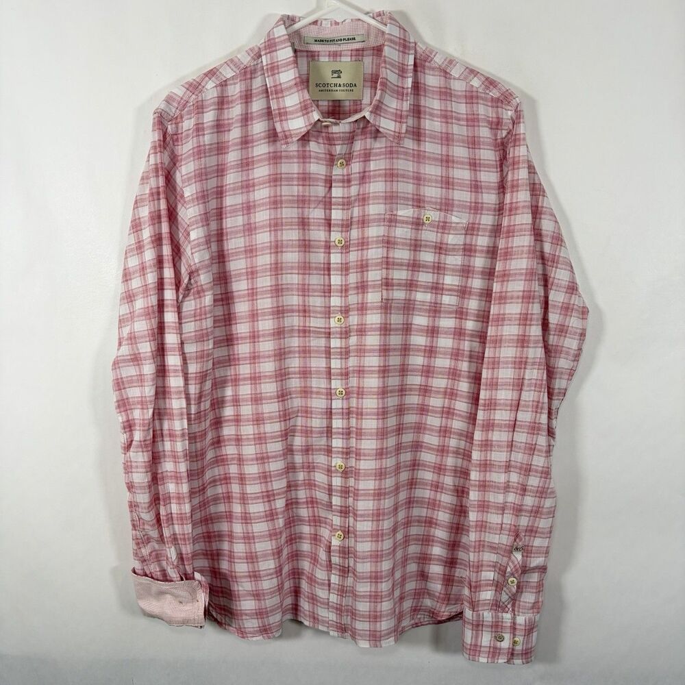 Scotch & Soda Button Up Shirt Mens Size Large Pink Plaid Flipcuff Slim Fit LS